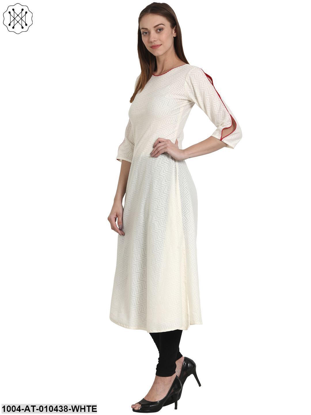 Women Solid White Three-Quarter Sleeves Round Neck Cotton A-Line Kurta