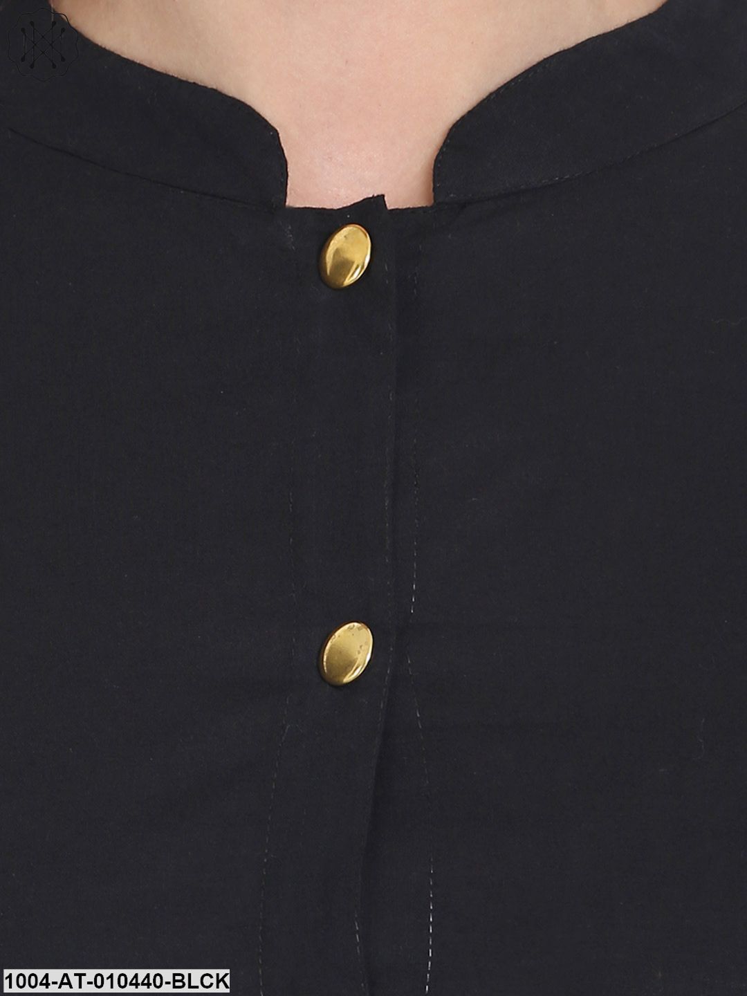 Women Solid Black Three-Quarter Sleeves Mandarin Collar Cotton A-Line Kurta