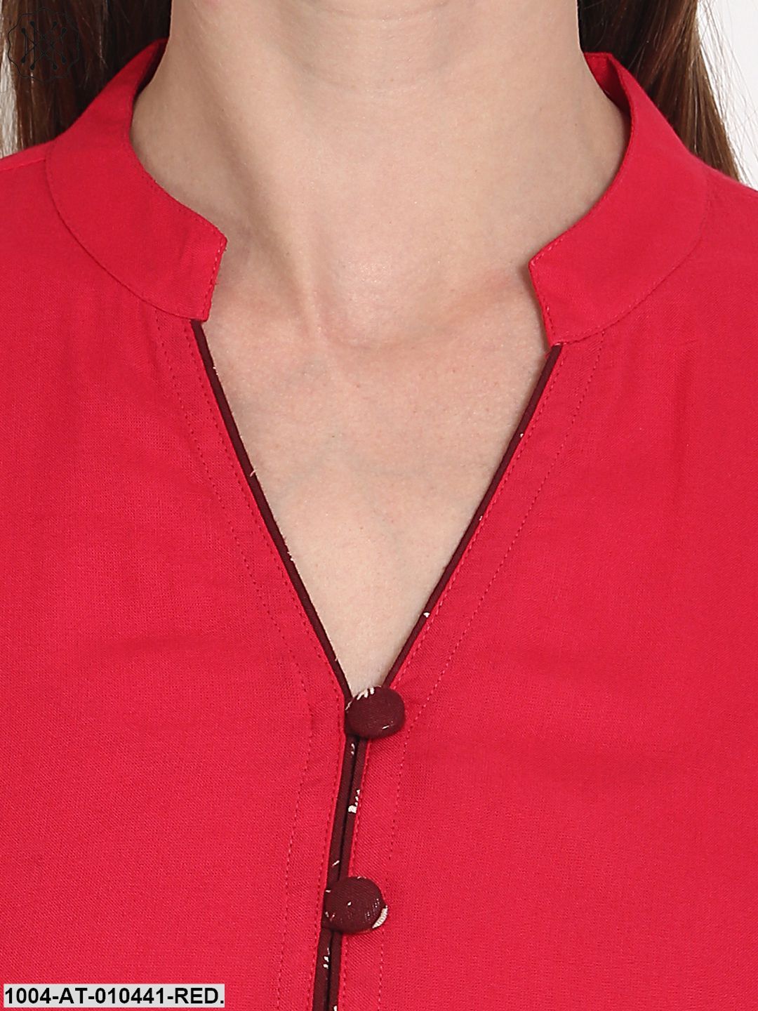 Women Printed Red Short Sleeves Mandarin Collar Viscose Rayon A-Line Kurta