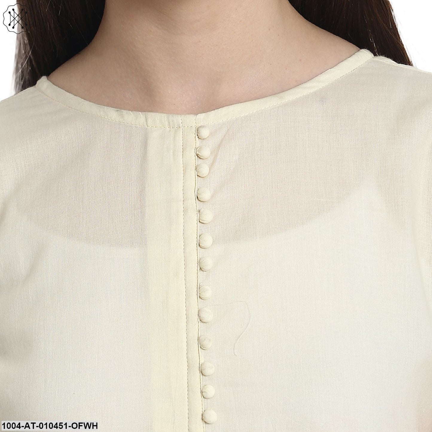 Women Solid Off White Three-Quarter Sleeves Round Neck Cotton Anarkali Kurta