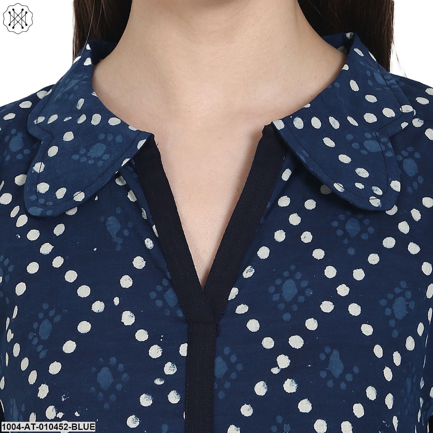 Women Printed Blue Long Sleeves Shirt Collar Cotton A-Line Kurta