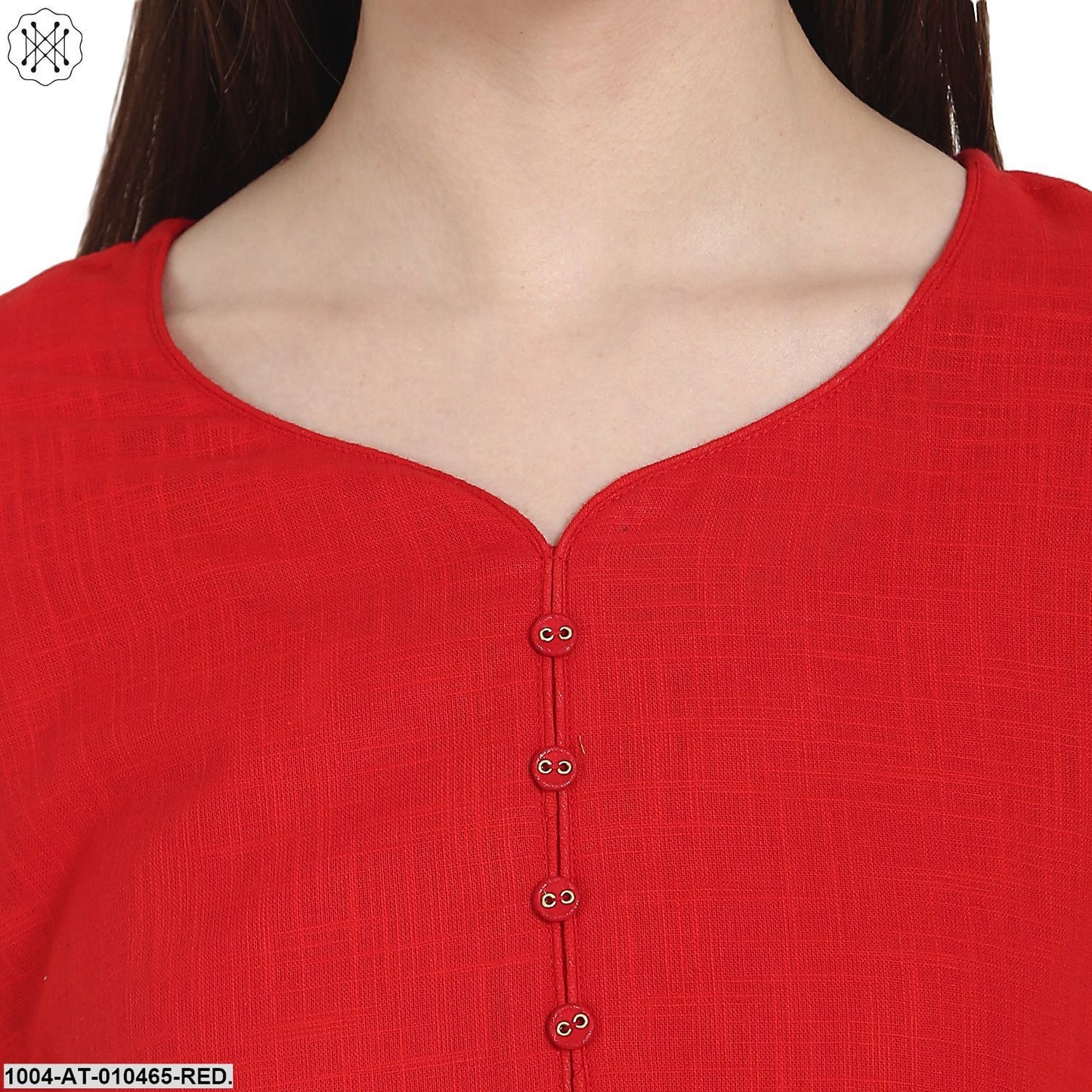 Women Solid Red Three-Quarter Sleeves Sweetheart Neck Cotton A-Line Kurta
