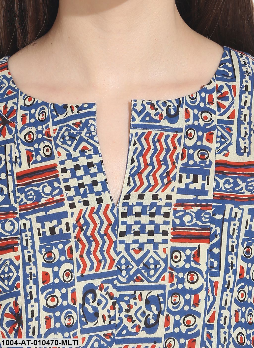 Women Printed Multi Three Quarter Sleeve Round Neck Cotton A-Line Kurta