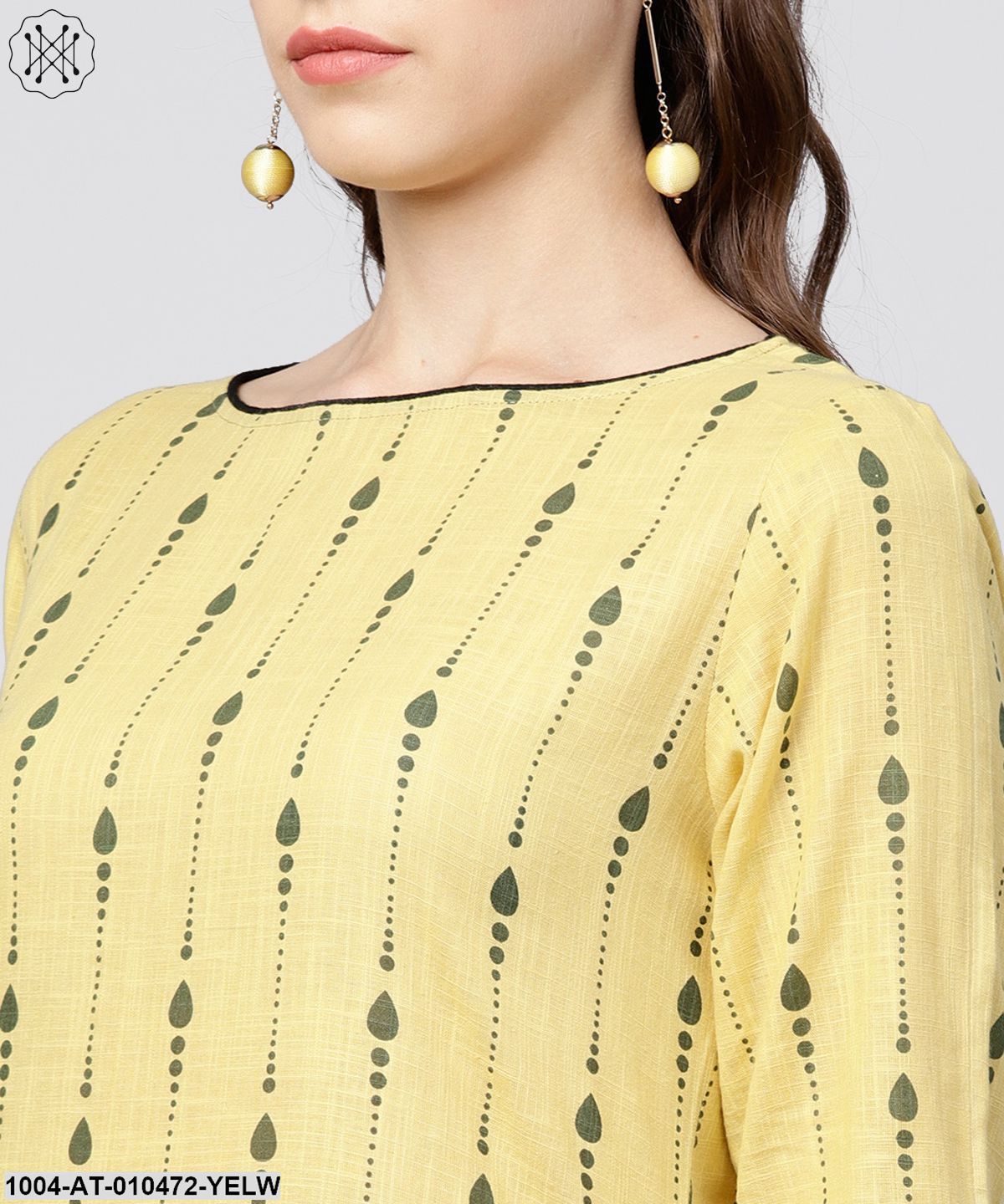 Yellow Printed 3/4Th Sleeve Assymetric A-Line Kurta