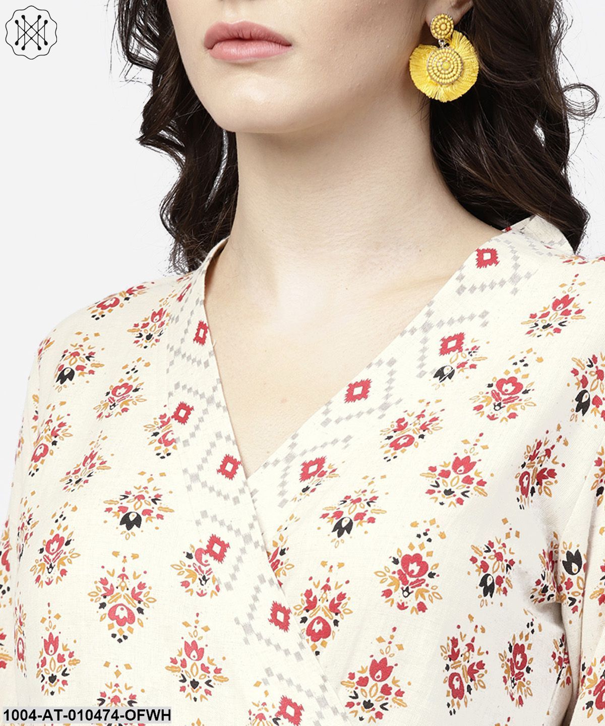 White Prined 3/4Th Sleeve Angrakha Style Anarkali Kurta