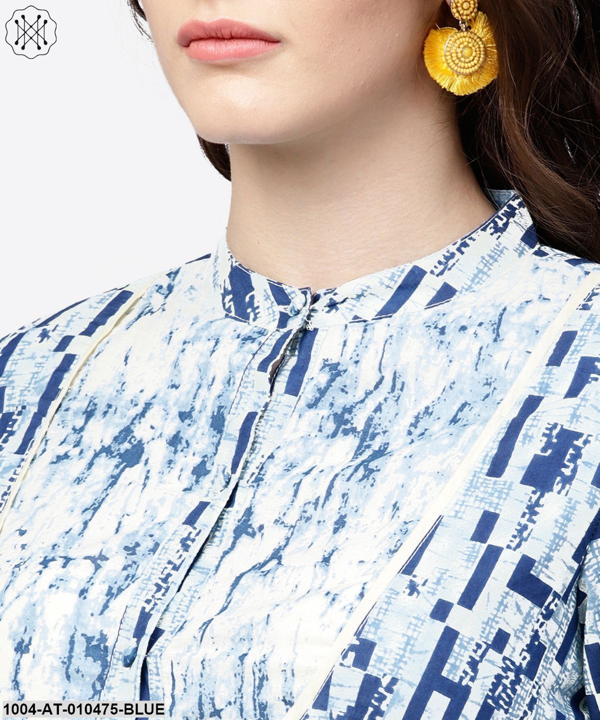 Blue Printed 3/4Th Cold Shoulder Sleeve A-Line Kurta