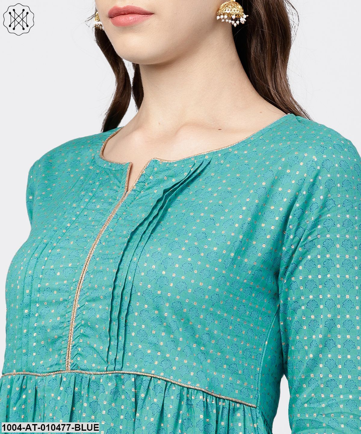 Printed Round Neck Three-Tiered Flared Maxi Dress With Pintucks And 3/4Th Sleeves