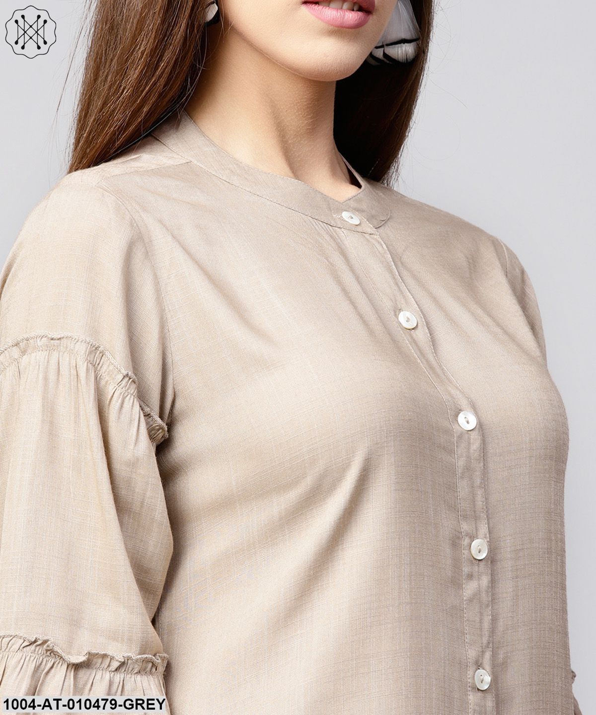 Solid Grey 3/4Th Sleeve Cotton A-Line Kurta