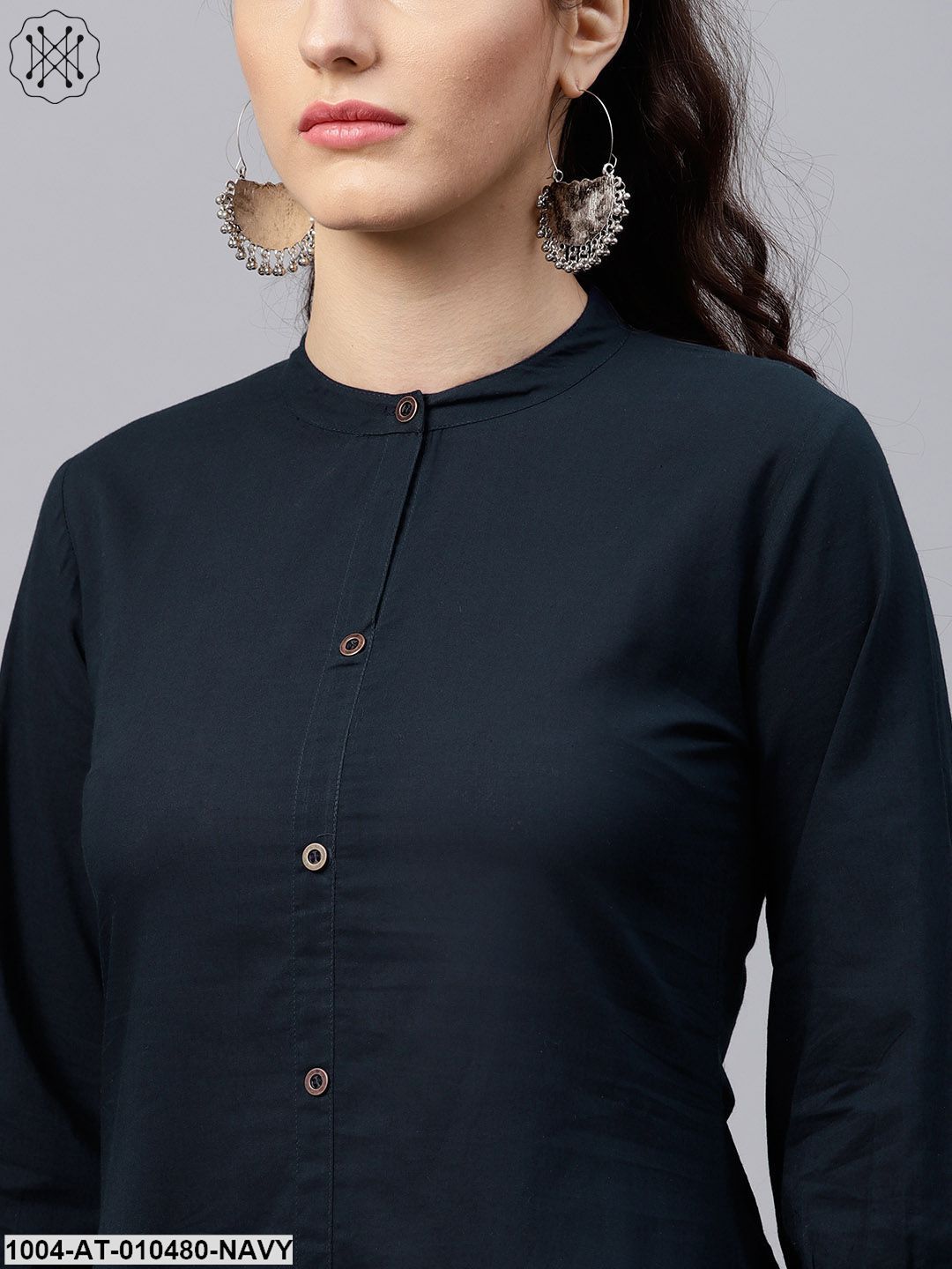Navy Blue Round Neck A-Line Kurta With Front Placket And Cuffed Full Sleeves