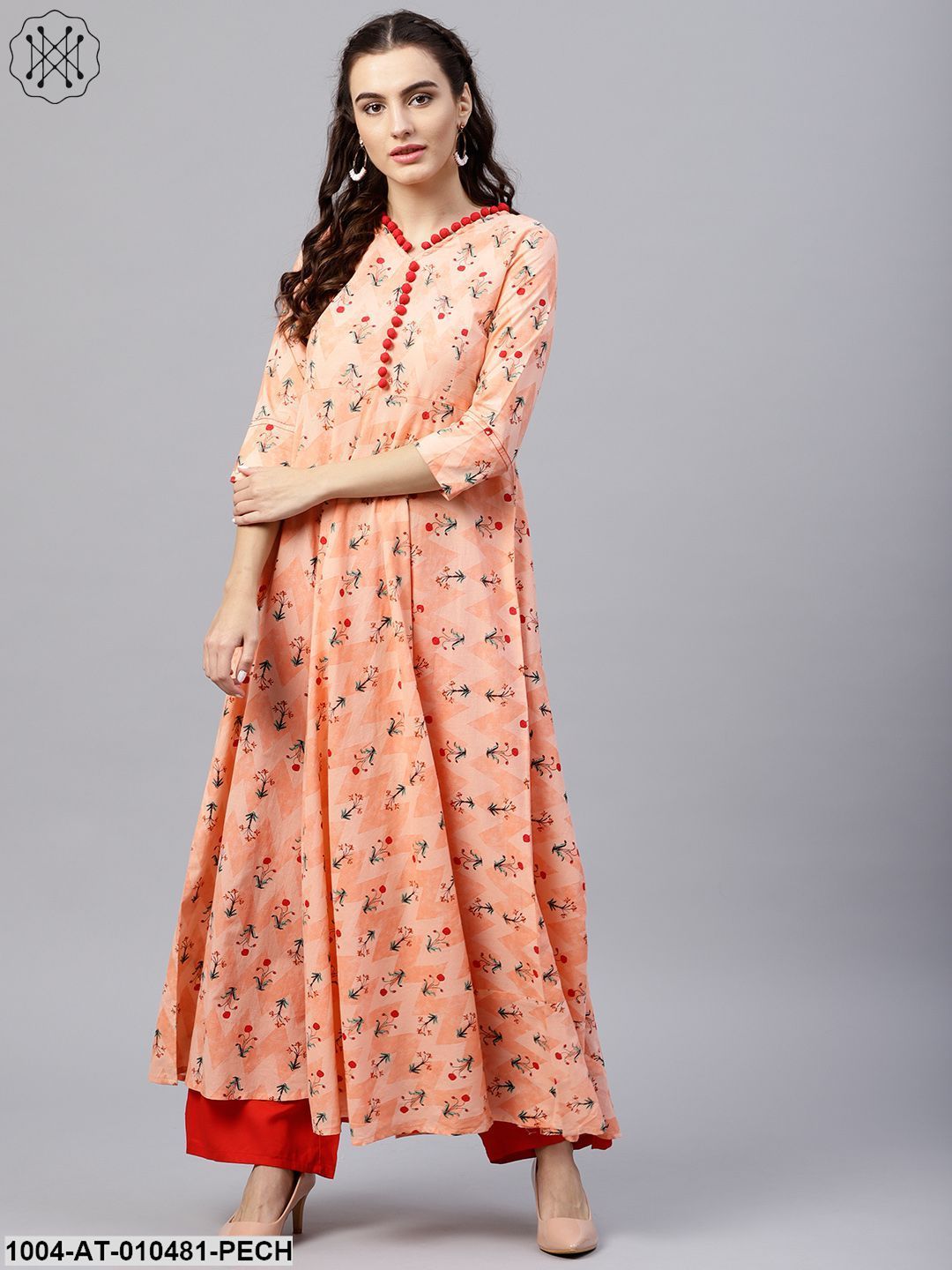 Floral Multi Printed A-Line Maxi Kurta With V-Neck And 3/4 Sleeves