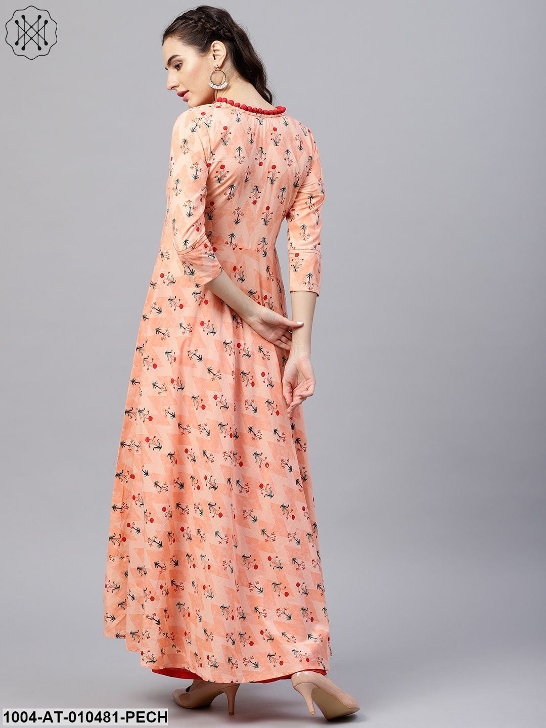 Floral Multi Printed A-Line Maxi Kurta With V-Neck And 3/4 Sleeves