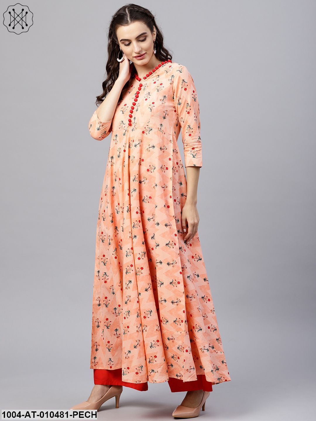 Floral Multi Printed A-Line Maxi Kurta With V-Neck And 3/4 Sleeves