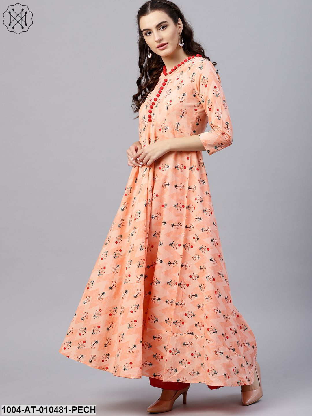 Floral Multi Printed A-Line Maxi Kurta With V-Neck And 3/4 Sleeves