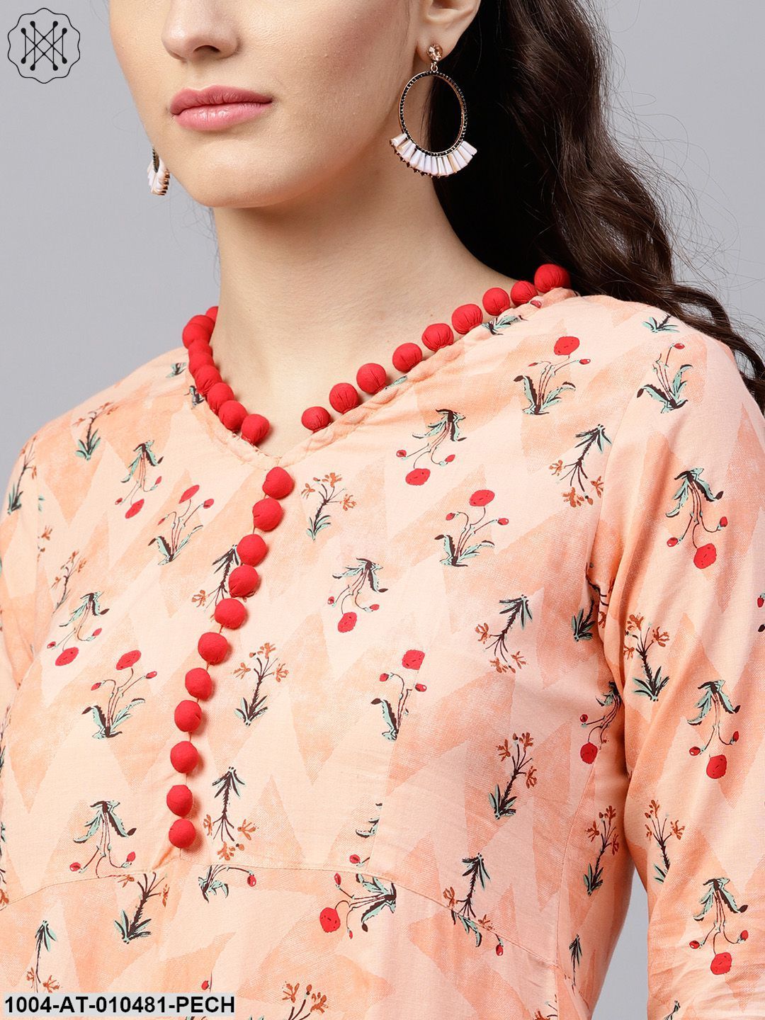Floral Multi Printed A-Line Maxi Kurta With V-Neck And 3/4 Sleeves