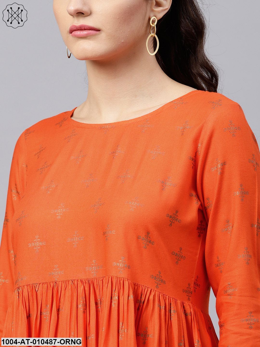 Rusty Orange Printed Kurta With Round Neck And 3/4 Flared Sleeves