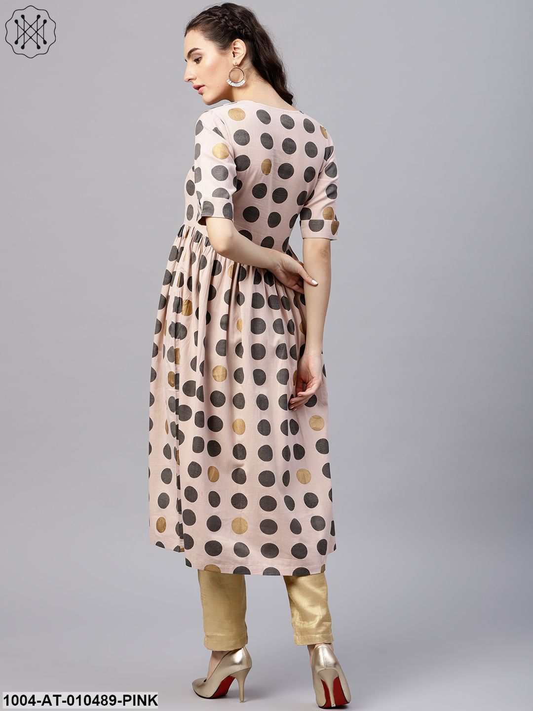 Light Pink Circle Printed Half Sleeve Cotton Flax Anarkali Kurta
