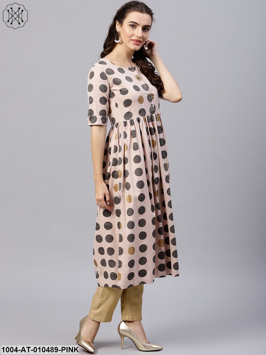 Light Pink Circle Printed Half Sleeve Cotton Flax Anarkali Kurta
