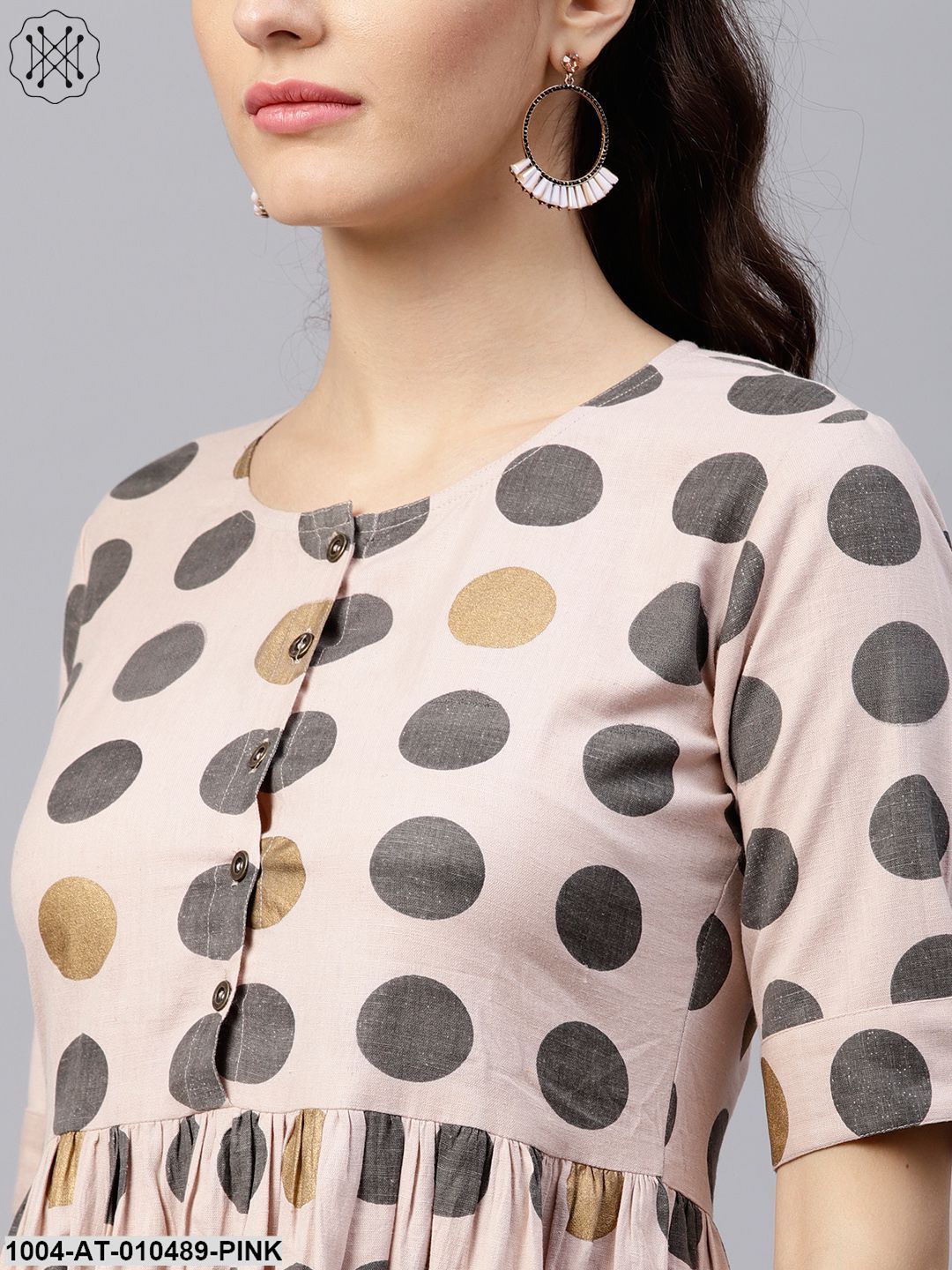 Light Pink Circle Printed Half Sleeve Cotton Flax Anarkali Kurta