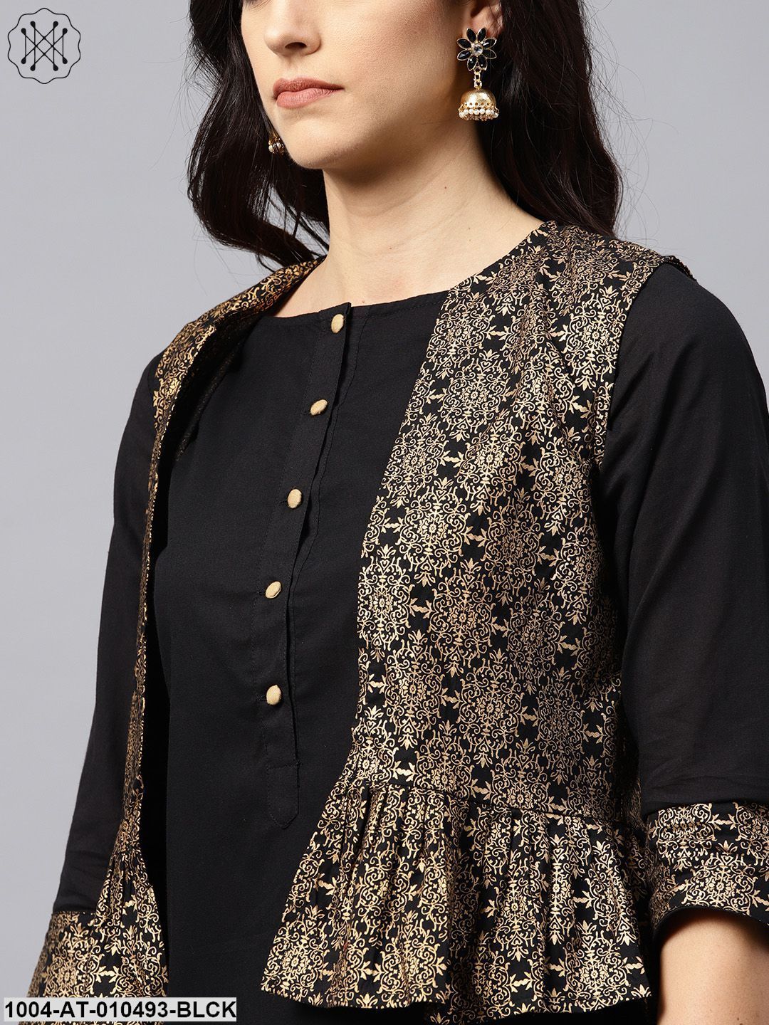 Black Kurta With Golden Short Detachable Jacket