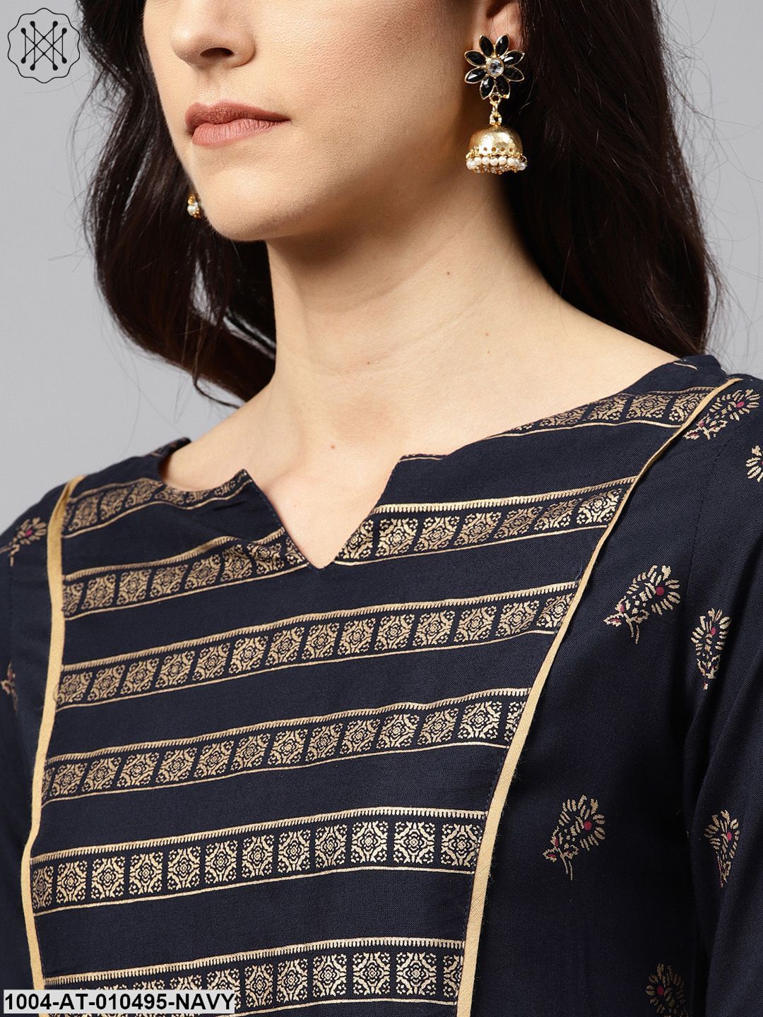 Navy Blue Kurta With Front Yoke With 3/4 Sleeves