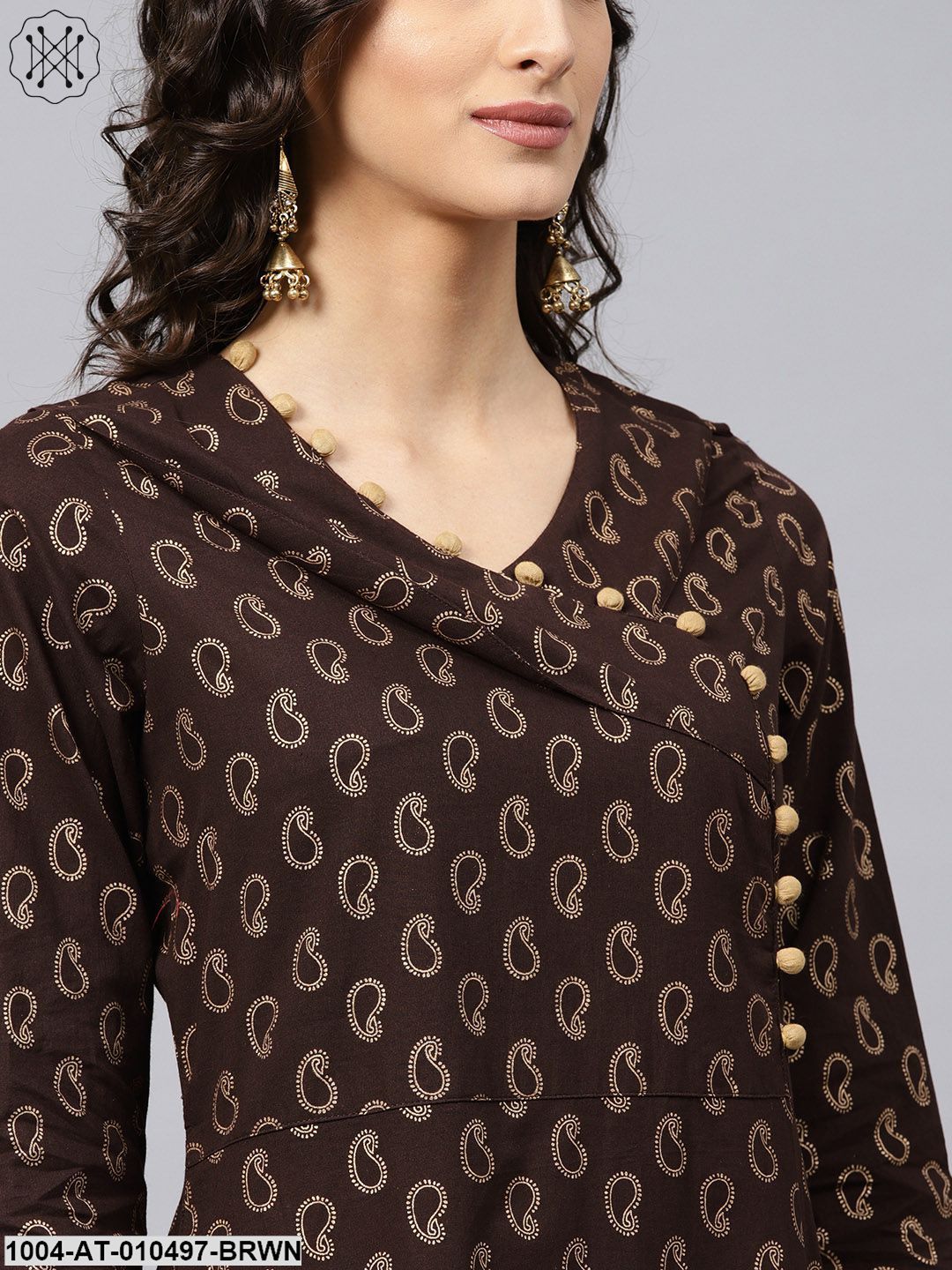 Dark Brown Printed Kurta With V-Neck And 3/4 Sleeves