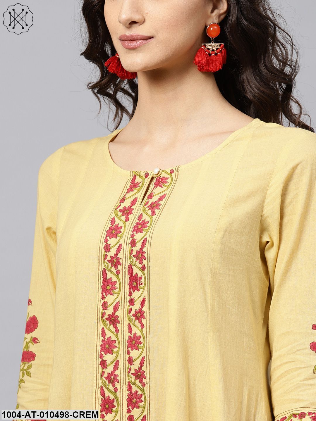 Cream Block Printed 3/4Th Sleeve Panel Cut A-Line Kurta