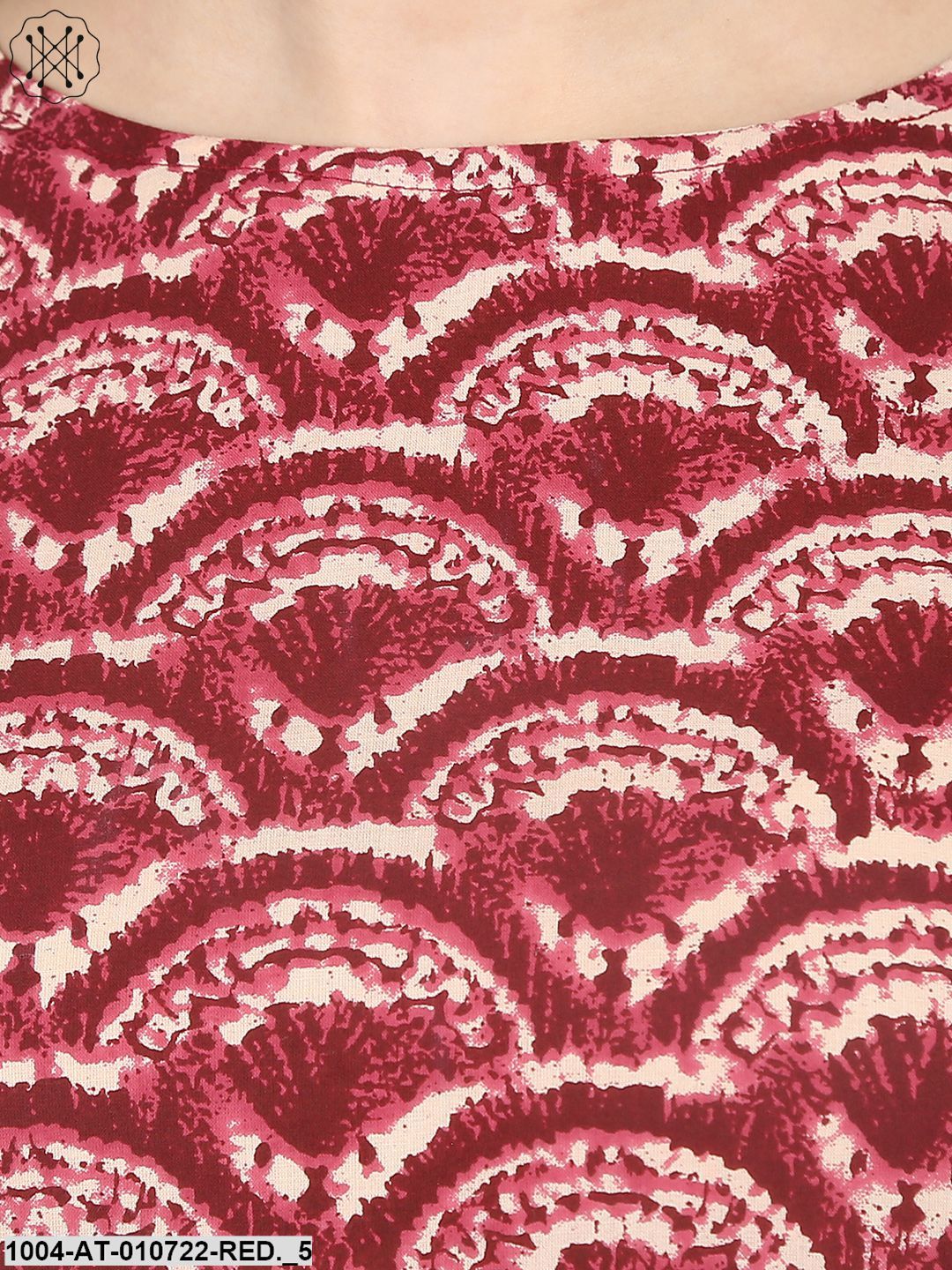 Red Printed 3/4Th Cold Shoulder Sleeve Cotton Anarkali Kurta