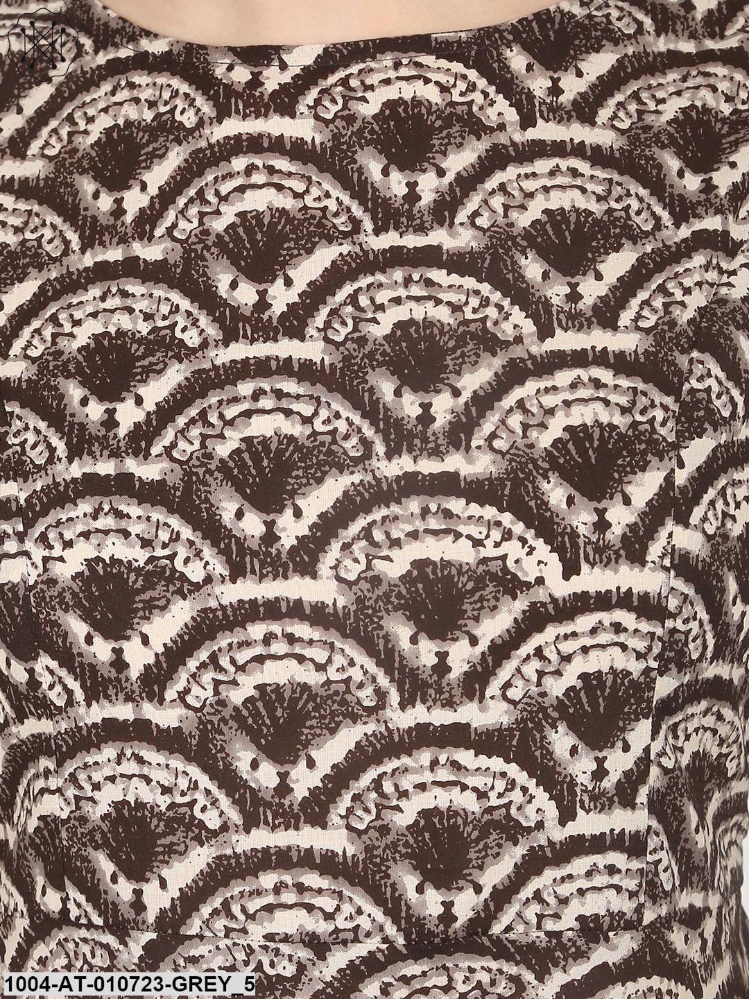 Grey Printed 3/4Th Cold Shoulder Sleeve Cotton Anarkali Kurta