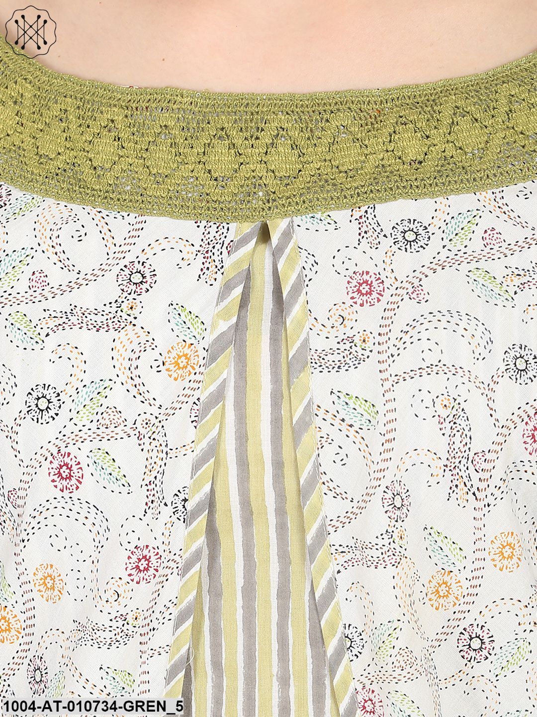 Green Striped 3/4Th Sleeve Cotton Kurta