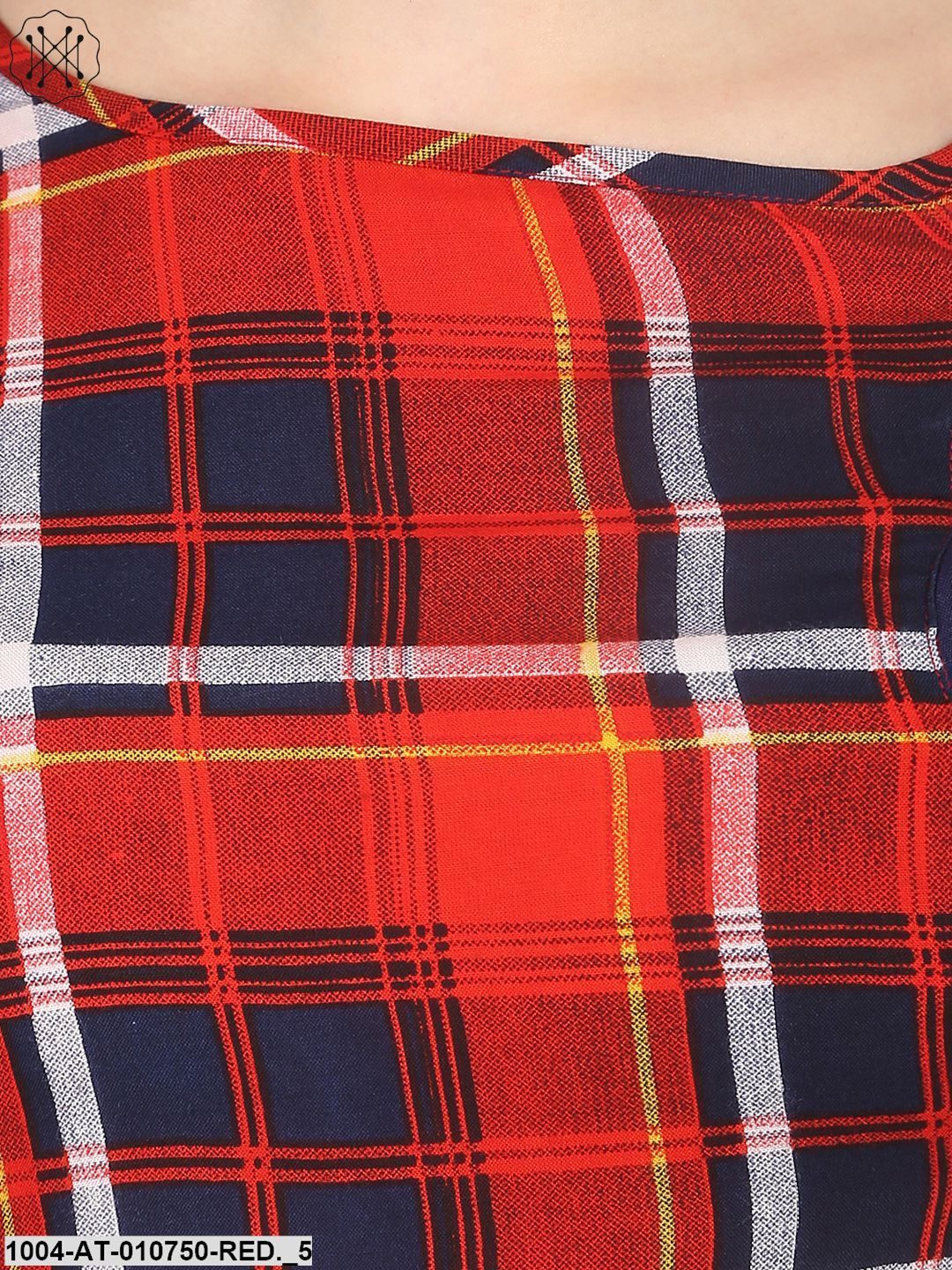 Red & Blue Check 3/4Th Sleeve Cotton A-Line Kurta With Dori Work