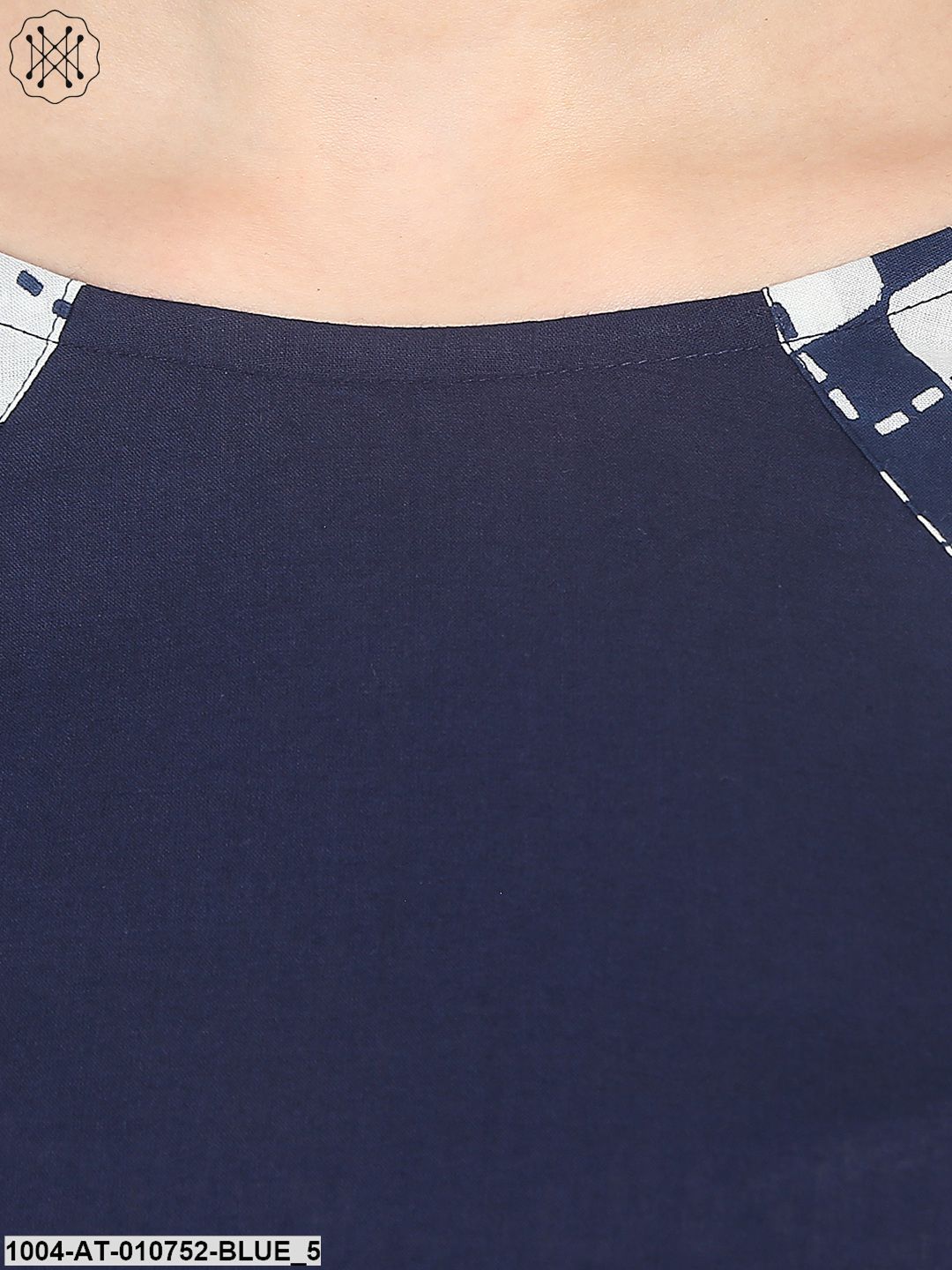 Blue Printed 3/4Th Sleeve Cotton A-Line Kurta