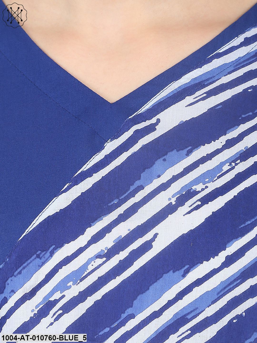 Blue Striped 3/4Th Sleeve Cotton A-Line Kurta