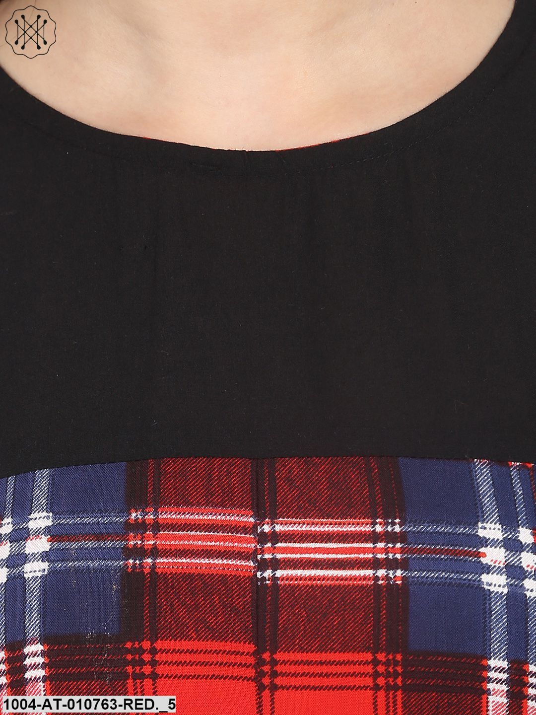 Red Check 3/4Th Sleeve Cotton Asymetric Maxi Dress