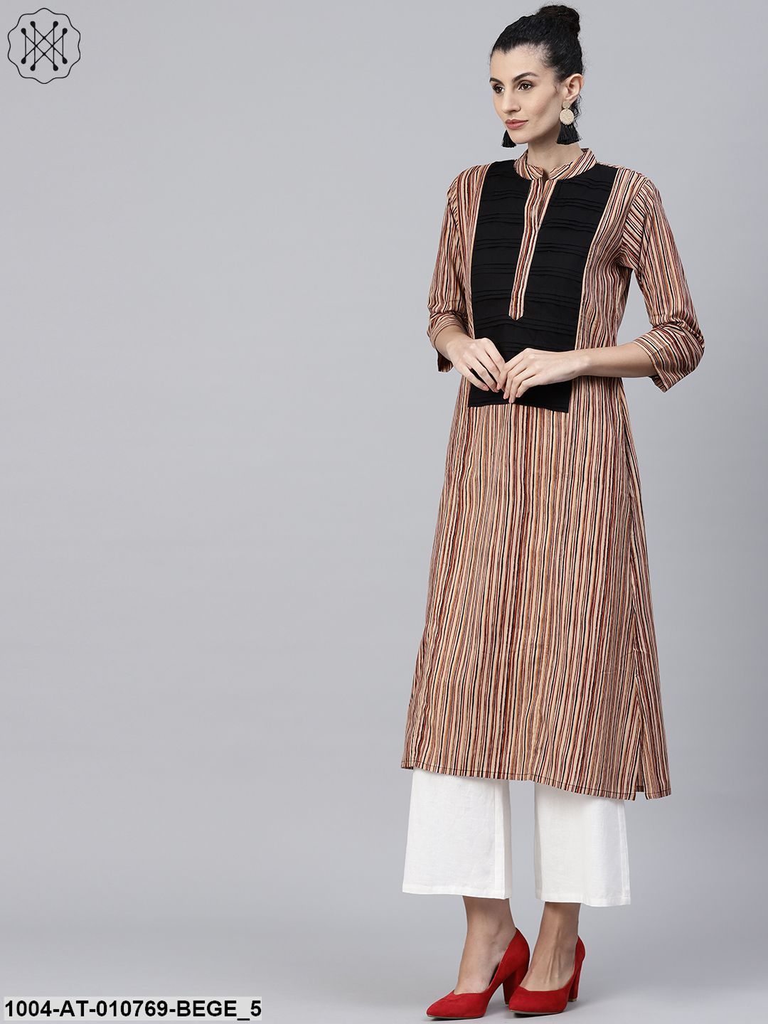 Beige Striped 3/4Th Sleeve Cotton Kurta
