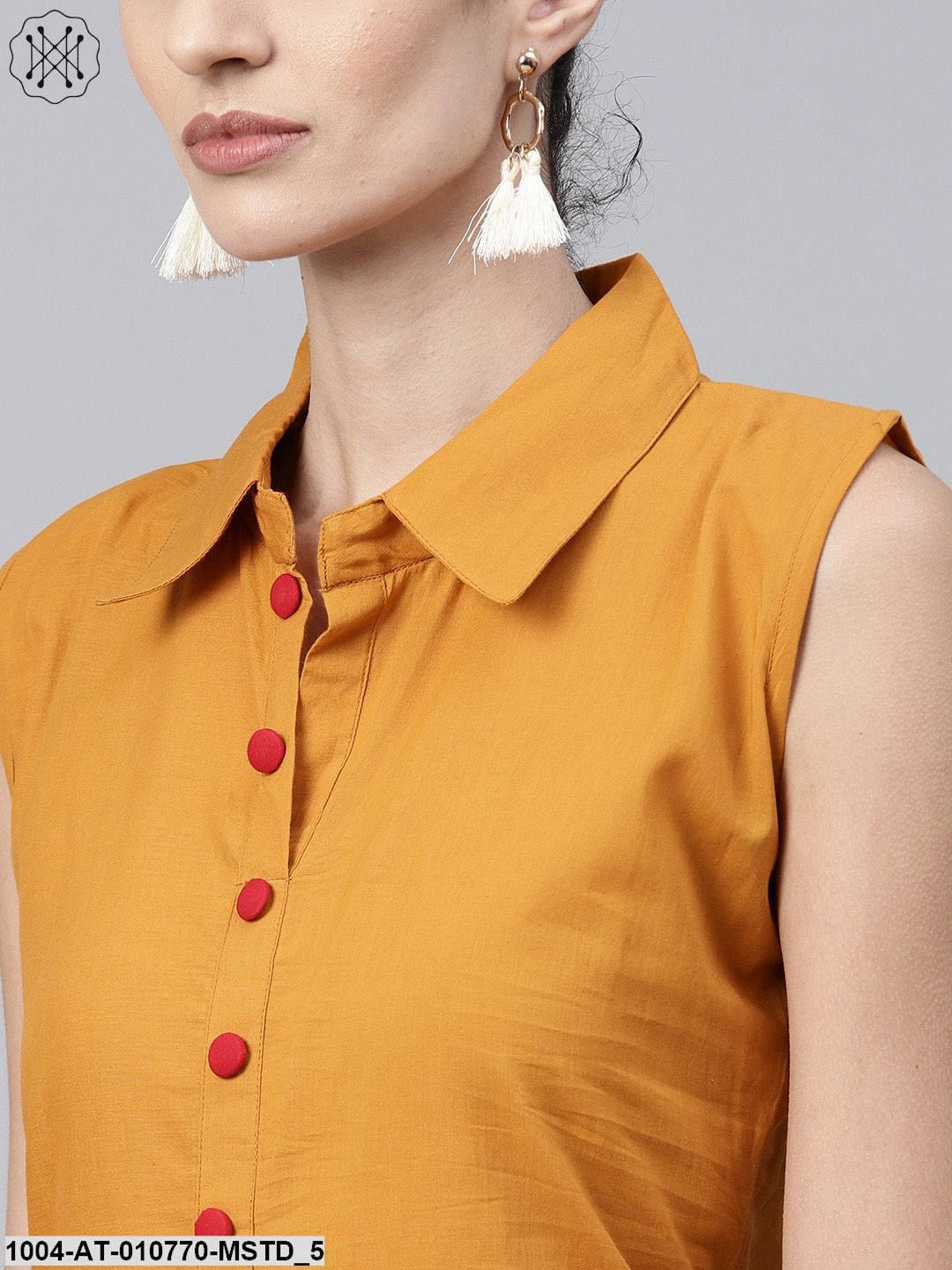 Mustard Block Printed Sleeveless Cotton Anarkali Kurta