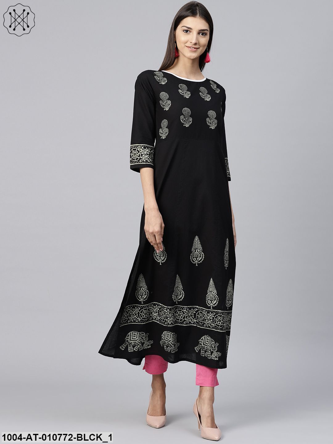 Black Block Printed 3/4Th Sleeve Cotton Kurta