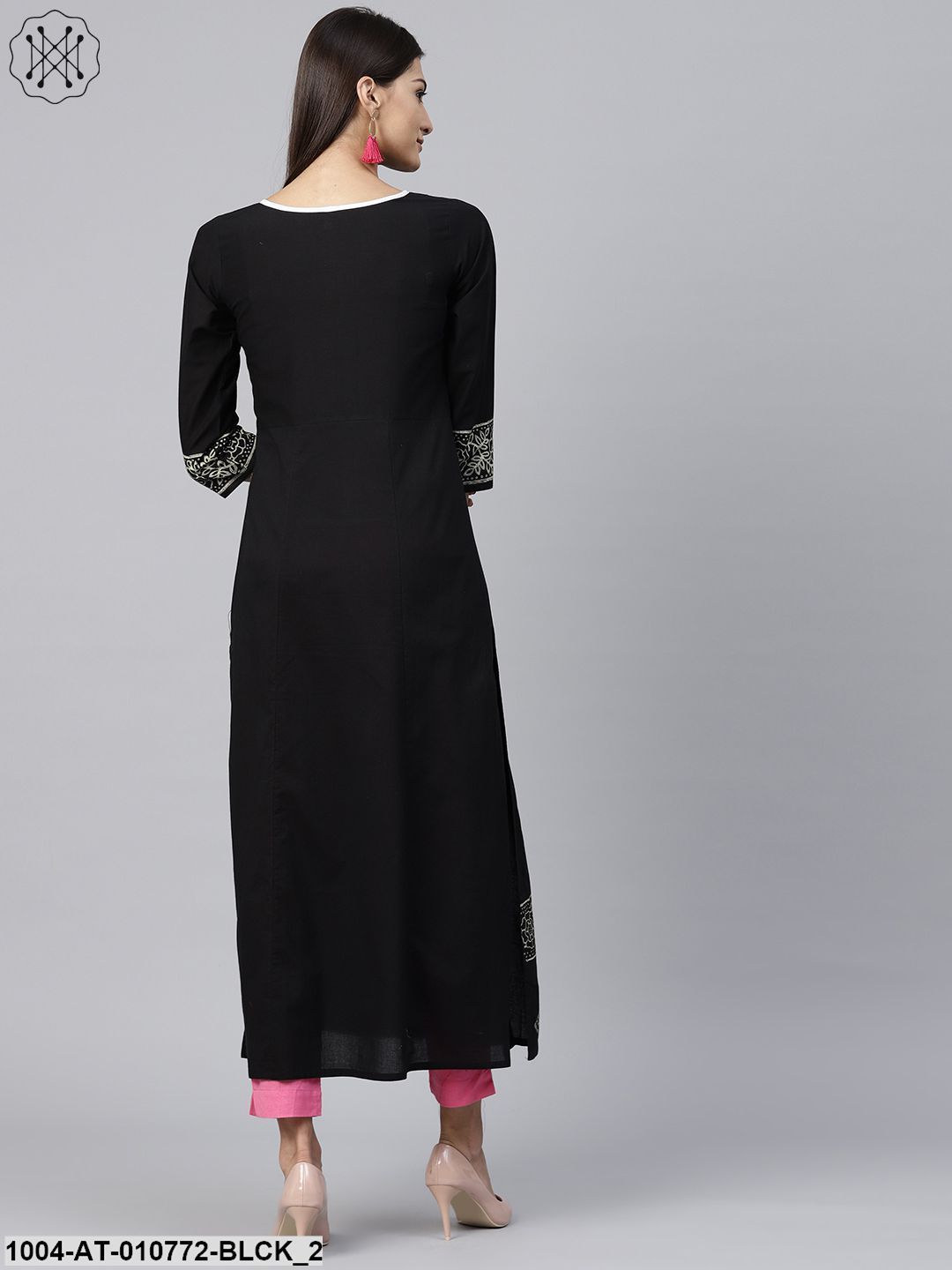 Black Block Printed 3/4Th Sleeve Cotton Kurta