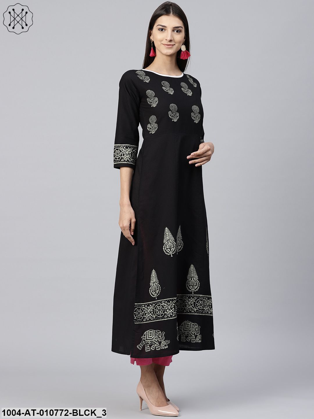 Black Block Printed 3/4Th Sleeve Cotton Kurta
