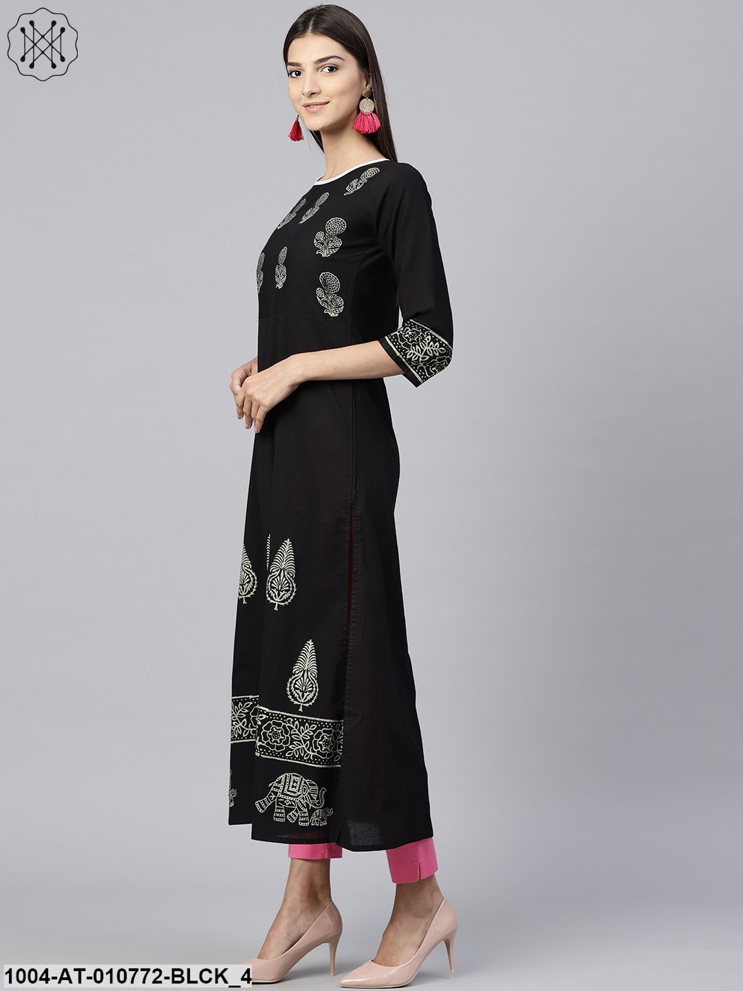 Black Block Printed 3/4Th Sleeve Cotton Kurta