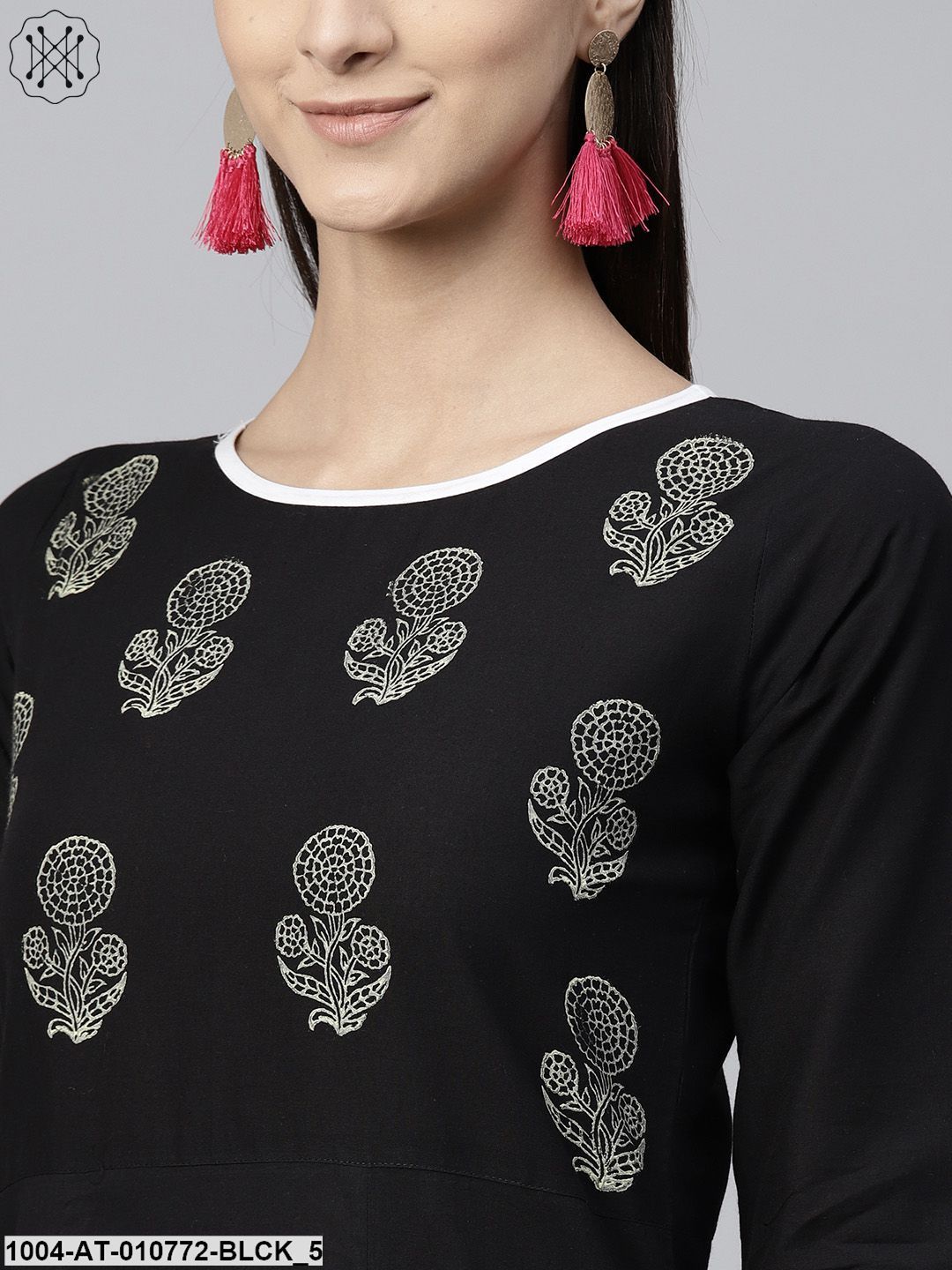 Black Block Printed 3/4Th Sleeve Cotton Kurta