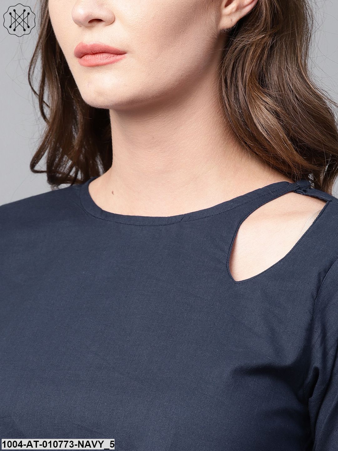 Navy Blue 3/4Th Sleeve Cotton Layered Kurta