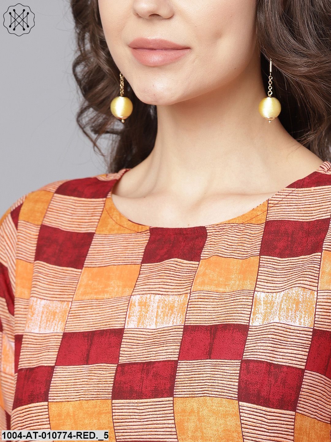 Red Printed 3/4Th Sleeve Yoke Printed Cotton Kurta