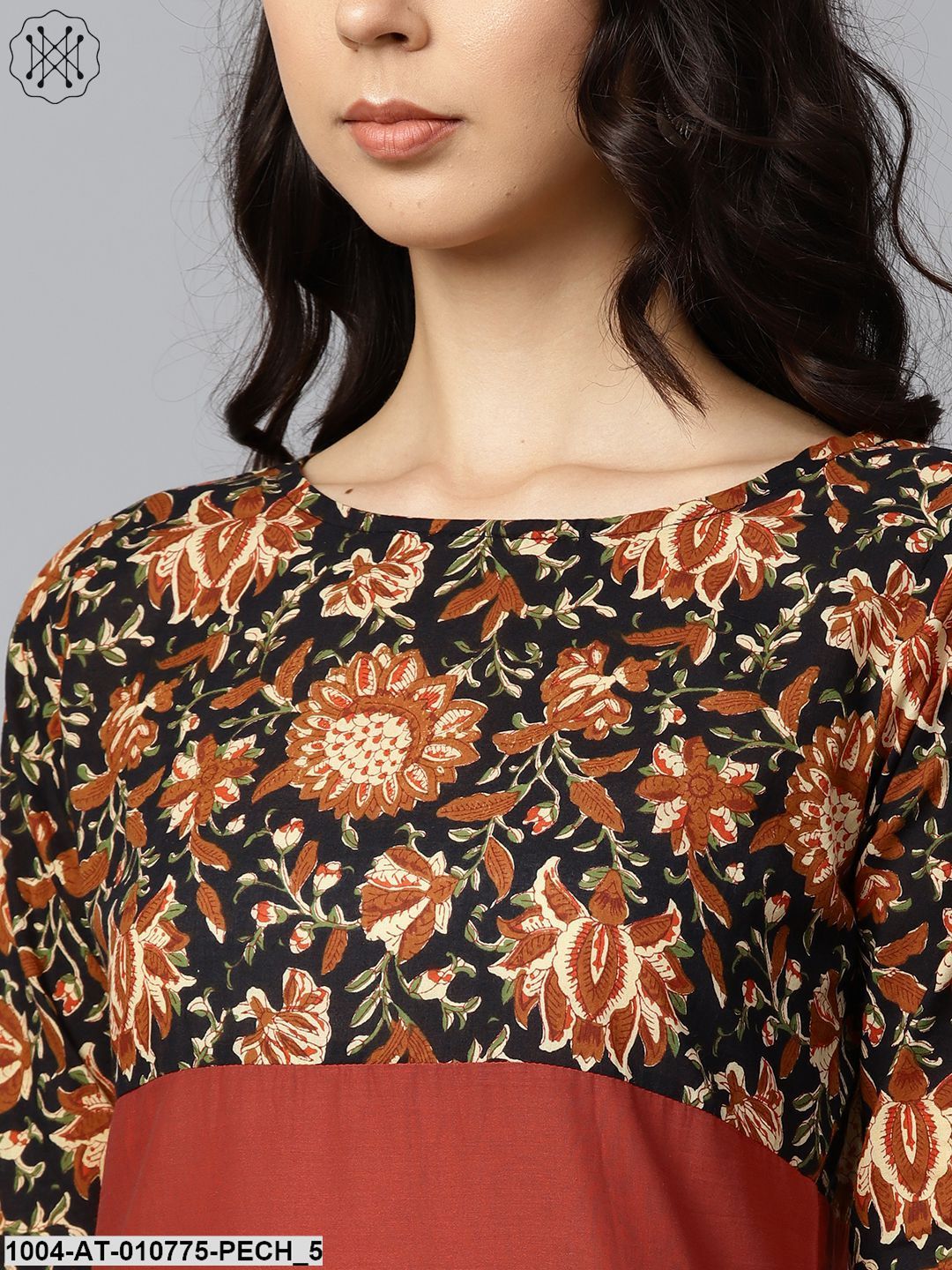 Peach Printed 3/4Th Sleeve Yoke Printed Cotton Kurta