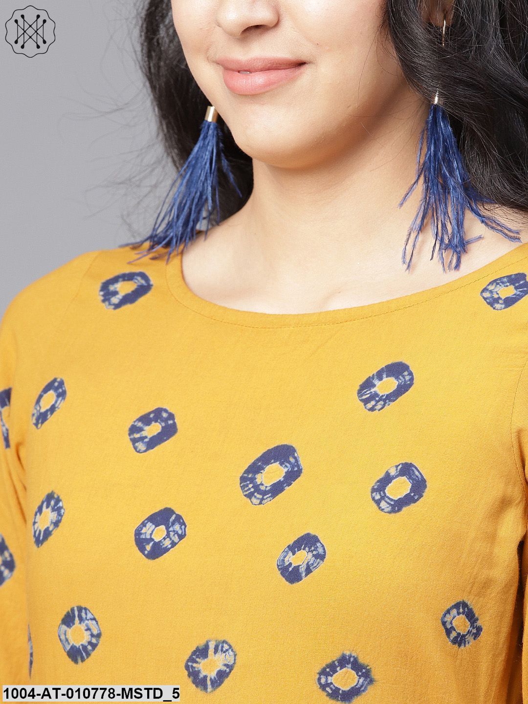 Mustard 3/4Th Sleeve Cotton Block Printed Anarkali Kurta