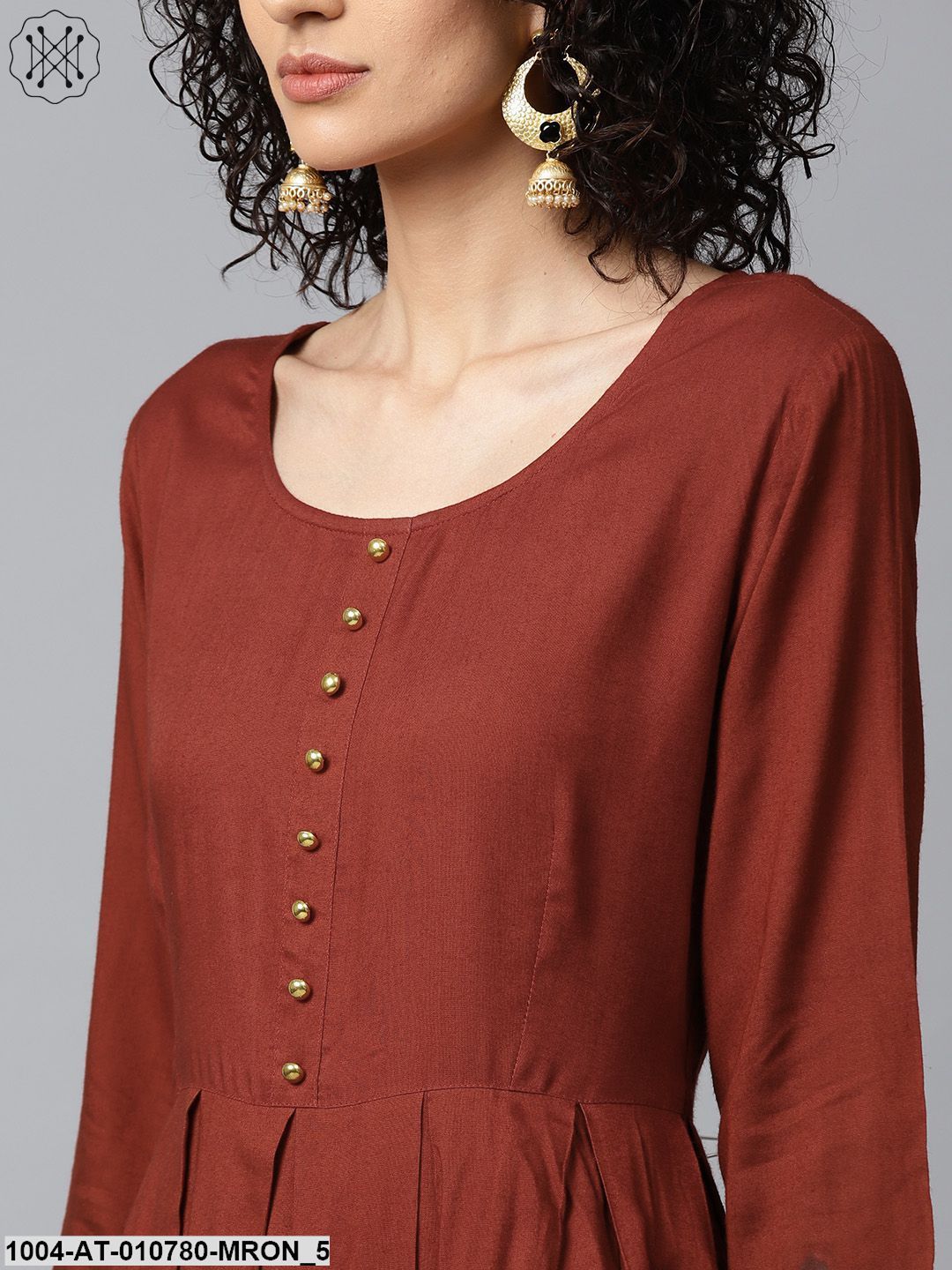 Maroon Block Printed 3/4Th Sleeve Cotton Anarkali Kurta