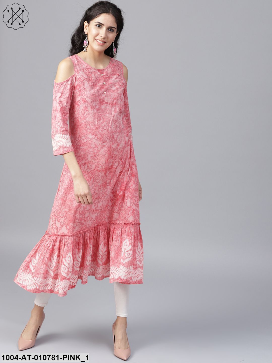 Pink Printed 3/4Th Sleeve Cold Shoulder Cotton A-Line Kurta