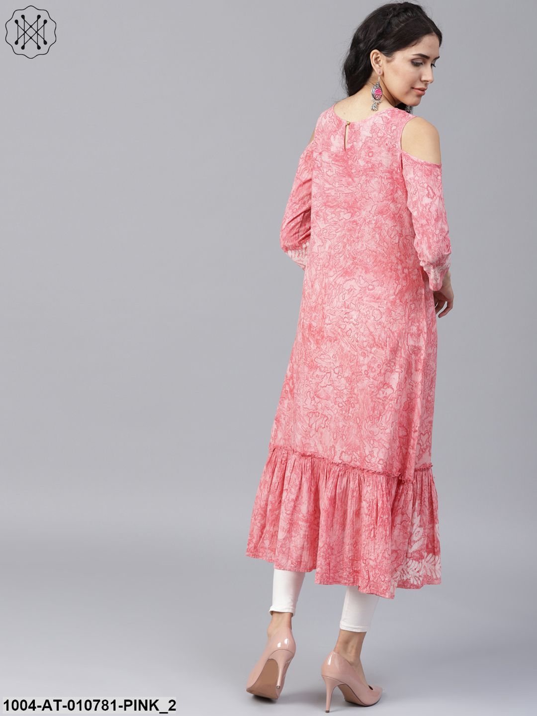 Pink Printed 3/4Th Sleeve Cold Shoulder Cotton A-Line Kurta