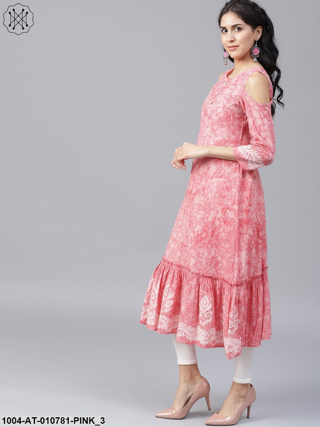Pink Printed 3/4Th Sleeve Cold Shoulder Cotton A-Line Kurta