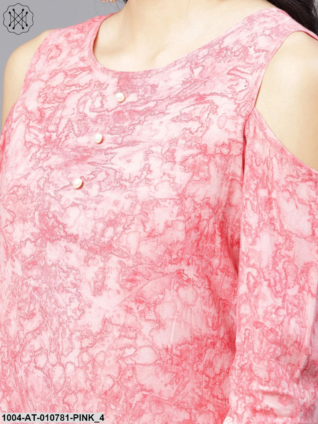 Pink Printed 3/4Th Sleeve Cold Shoulder Cotton A-Line Kurta