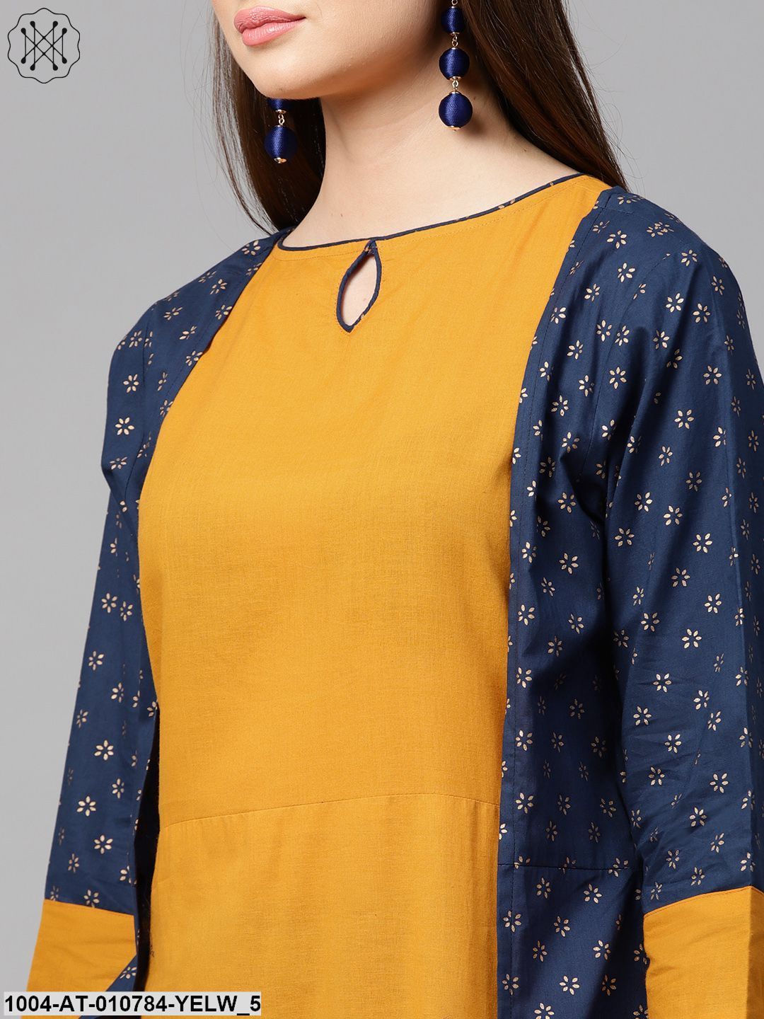 Yellow 3/4Th Sleeve Cotton Kurta With Printed Front Open Jacket Kurta